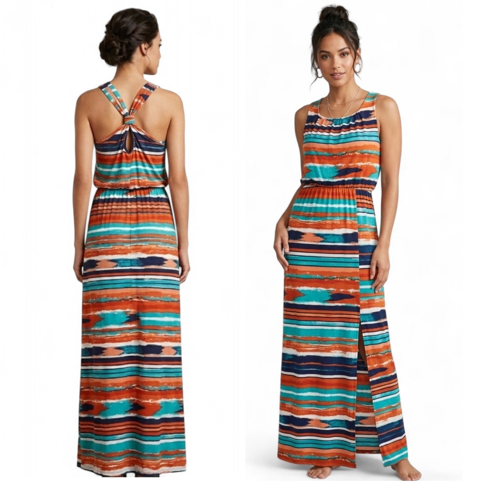 Trixxi Striped Boho Maxi Dress with Side Slit Teal Orange Navy Size M Racerback